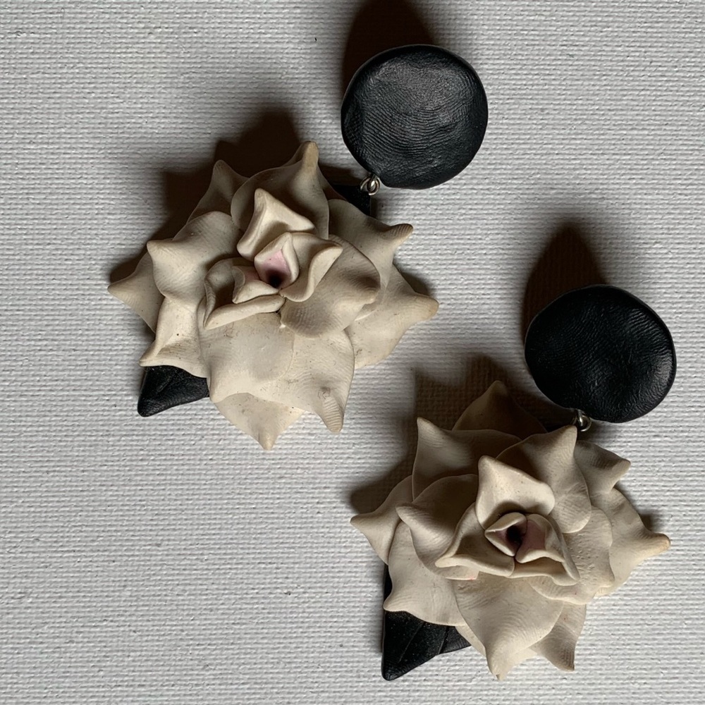 Clay White Rose Earrings with Black leaves